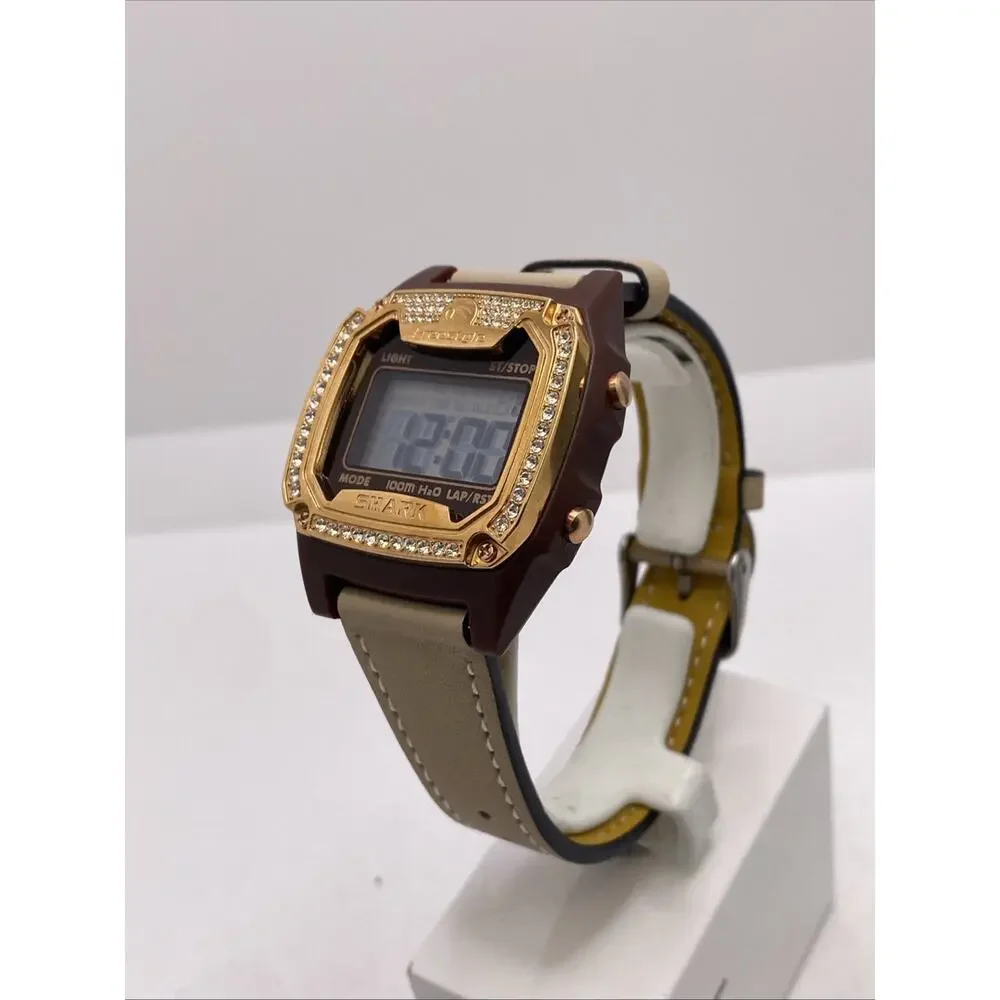 Freestyle Shark Rosegold Rhinestone Tan Leather Band Surfing Watch New Battery